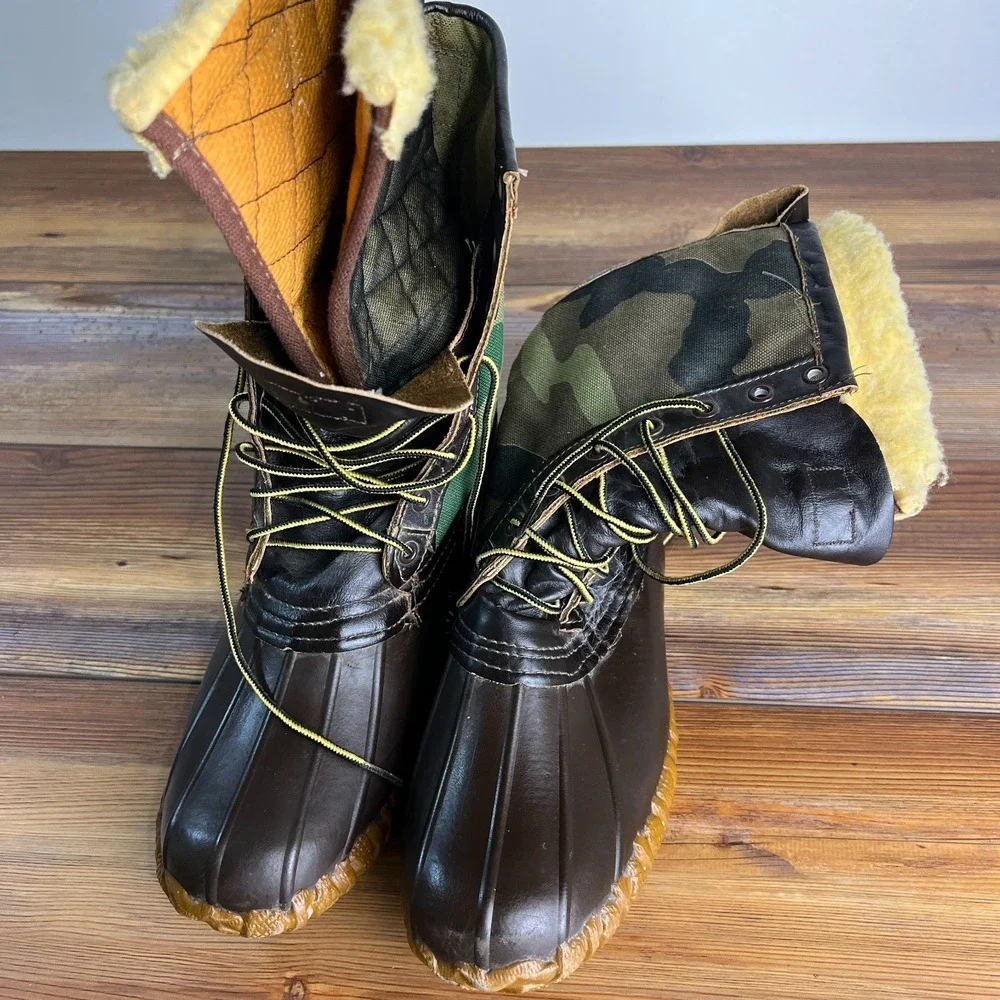 Vintage Chippewa USA Camo Duck Boots Mens 7M Shearling Lined Made USA 87862